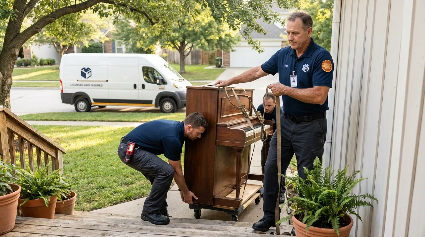 Licensed piano movers securing grand piano in Dayton, VA