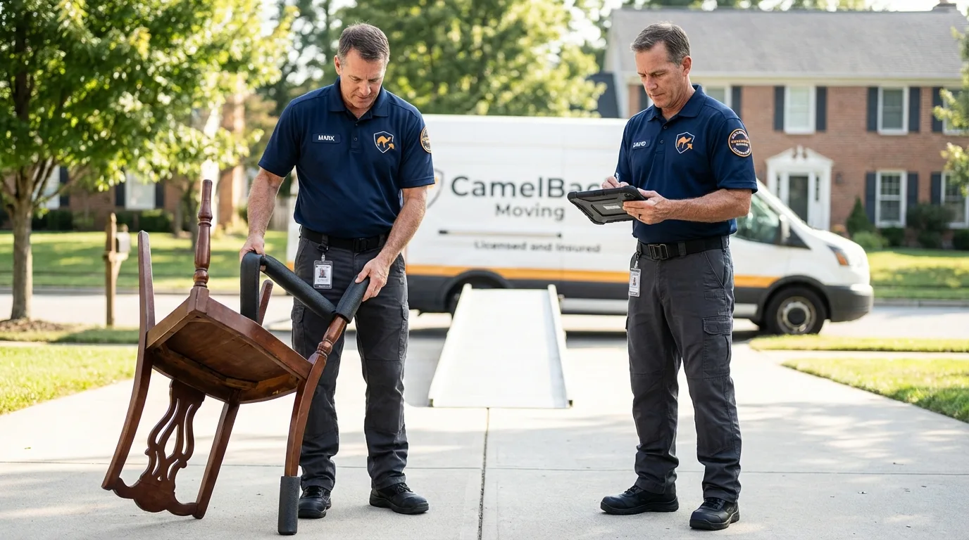 Movers inspecting furniture for damage prevention before loading in Dayton, VA