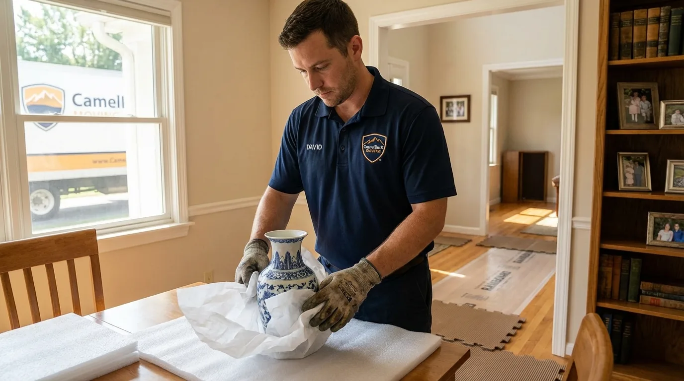 Professional crew carefully wrapping antique vase for senior downsizing move in Dayton, VA